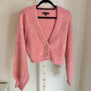 Kendall & Kylie Pink Fuzzy Cropped Cardigan Sweater, Size Small